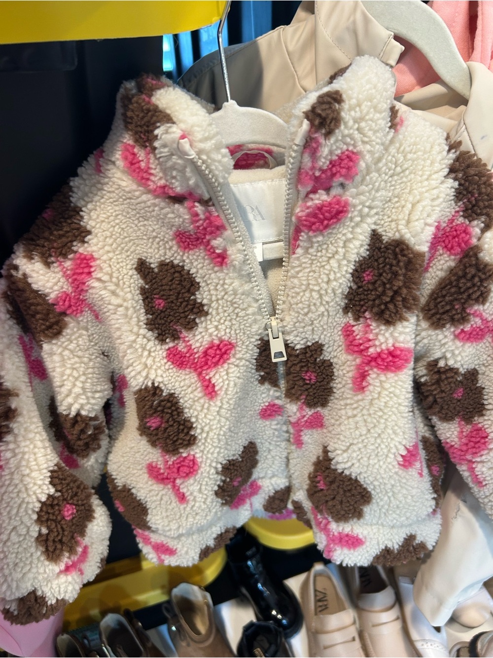 Zara Cream Sherpa Jacket with Brown & Pink Floral Accents